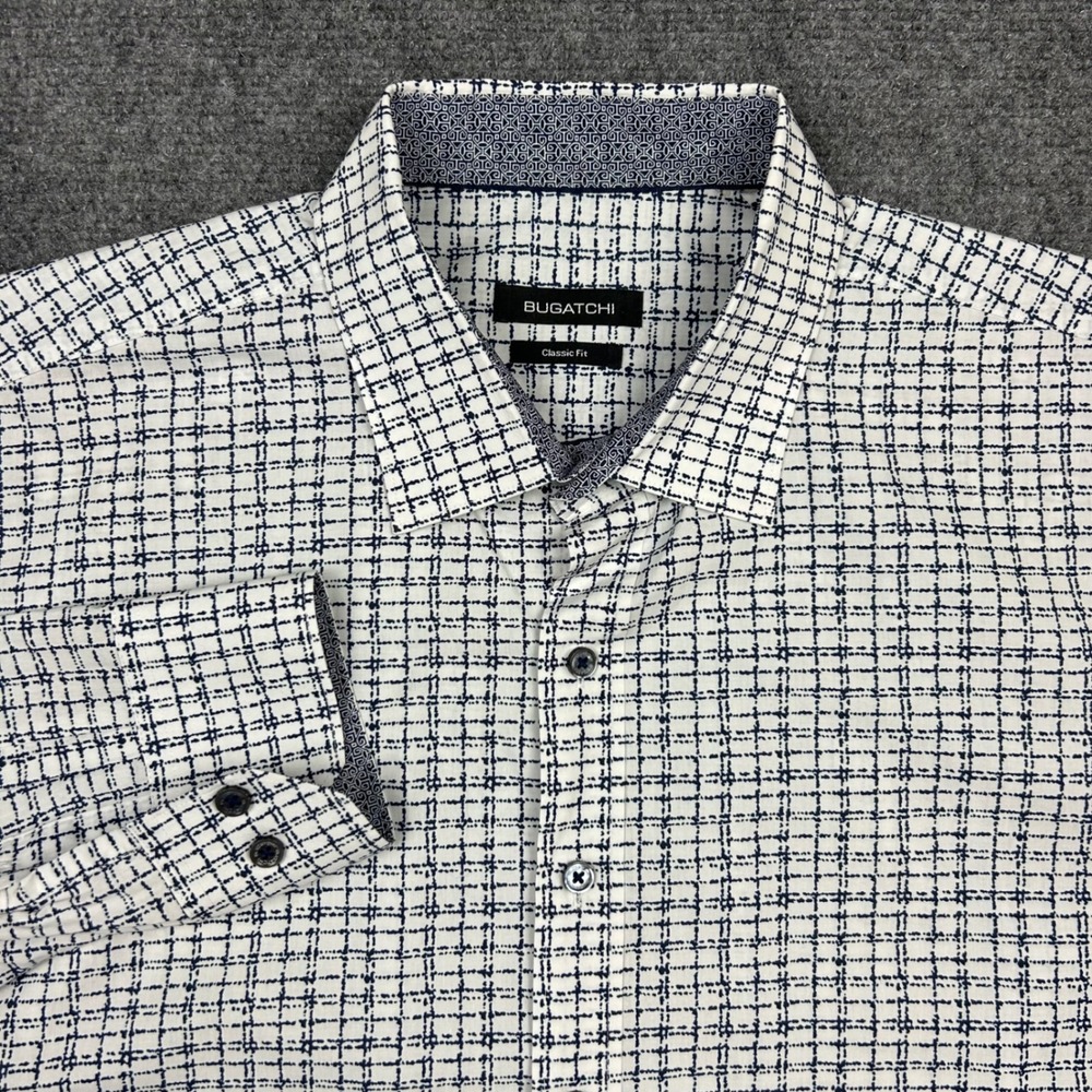Bugatchi Button Down Shirt Mens XL Snow Navy Blue Grid Classic Fit Cotton